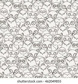 Random owls seamless pattern. Cute night birds. For coloring books, wrapping, printing, textile. Vector illustration