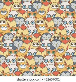 Random owls seamless pattern. Cute nignht birds. For coloring books, wrapping, printing, textile. Vector illustration