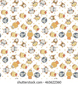 Random owls seamless pattern. Cute night birds. For coloring books, wrapping, printing, textile. Vector illustration