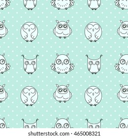 Random owls seamless pattern. Cute nignht birds. For coloring books, wrapping, printing, textile. Vector illustration