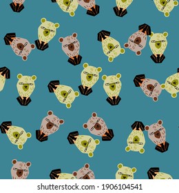 Random pale business bear with glasses and tuxedo shapes seamless pattern. Blue background. Flat vector print for textile, fabric, giftwrap, wallpapers. Endless illustration.