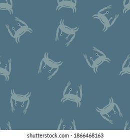 Random pale seamless pattern with grey crabs ornament. Dak background. Minimalistic style. Designed for fabric design, textile print, wrapping, cover. Vector illustration.