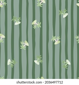 Random palm tree and island print seamless doodle pattern. Striped green and blue background. Designed for fabric design, textile print, wrapping, cover. Vector illustration.