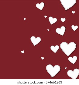 Random paper hearts. Right gradient on wine red background. Vector illustration.