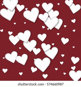 Random paper hearts. Scattered pattern on wine red background. Vector illustration.