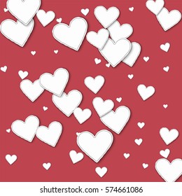 Random paper hearts. Scattered pattern on crimson background. Vector illustration.