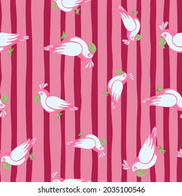 Random parrot bird ornament seamless doodle pattern. Pink striped background. Simple funny style. Designed for fabric design, textile print, wrapping, cover. Vector illustration.