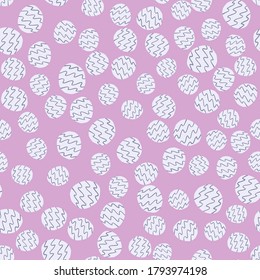 Random pastel light seamless circle pattern. Soft purple background with little white figures with blue strips. Decorative backdrop for wallpaper, textile, wrapping, fabric print. Vector illustration