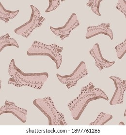 Random pastel seamless pattern with simple women shoes shapes. Grey background. Hand drawn print. Stock illustration. Vector design for textile, fabric, giftwrap, wallpapers.