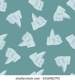 Random pastel tones seamless pattern with iceberg silhouettes in green tones. Arctic backdrop. Great for fabric design, textile print, wrapping, cover. Vector illustration.