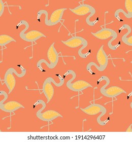 Random pastel tones seamless zoo pattern with grey and yellow colored flamingo print. Coral background. Graphic design for wrapping paper and fabric textures. Vector Illustration.