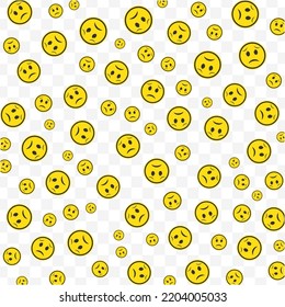 Random pattern of afraid emoticons in yellow color on transparent background with mini doodles(icons). Vector Illustration