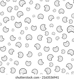 Random pattern of biscuits in dark color on white background with mini doodles(icons). Vector Illustration.