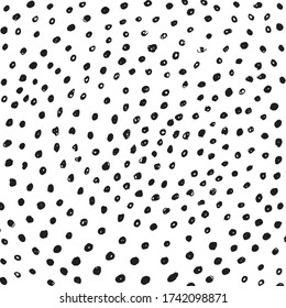 Random pattern of black polka dots on white background - vector illustration. Random pattern polka dots. Black and white polka dot background. Vector seamless pattern. Random big and small dots.