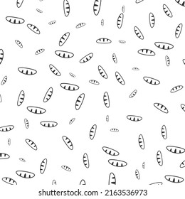 Random pattern of bread in dark color on white background with mini doodles(icons). Vector Illustration.