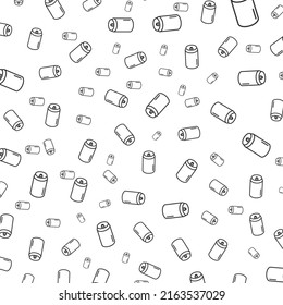 Random pattern of canned drink in dark color on white background with mini doodles(icons). Vector Illustration.