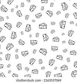 Random pattern of cheese in dark color on white background with mini doodles(icons). Vector Illustration.