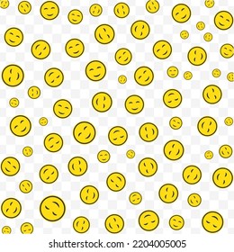 Random pattern of cute smile emoticons in yellow color on transparent background with mini doodles(icons). Vector Illustration