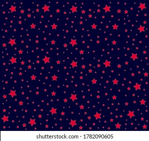 Random pattern of different size red stars on dark blue background. Vector illustration.