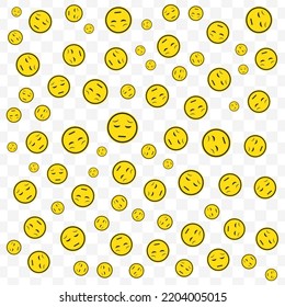 Random pattern of disappointed emoticons in yellow color on transparent background with mini doodles(icons). Vector Illustration