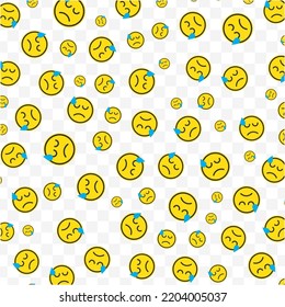 Random pattern of disappointed emoticons in yellow color on transparent background with mini doodles(icons). Vector Illustration