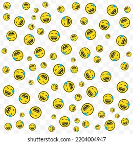 Random Pattern Of Embarrassed Laugh Emoticons In Yellow Color On Transparent Background With Mini Doodles(icons). Vector Illustration
