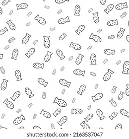 Random pattern of fish shape bread in dark color on white background with mini doodles(icons). Vector Illustration.