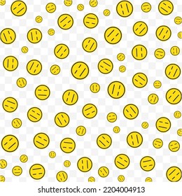 Random pattern of flat expression emoticons in yellow color on transparent background with mini doodles(icons). Vector Illustration