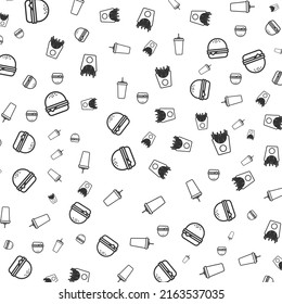 Random pattern of food, drink, snack  in dark color on white background with mini doodles(icons). Vector Illustration.