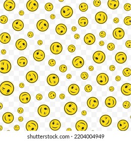 Random pattern of girlish emoticons in yellow color on transparent background with mini doodles(icons). Vector Illustration