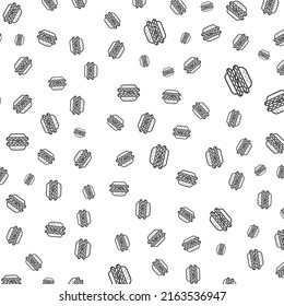 Zufällige Muster des Hamburgers in dunkler Farbe auf weißem Hintergrund mit Mini-Doodles (Symbole). Vektorgrafik.