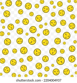 Random pattern of kiss emoticons in yellow color on transparent background with mini doodles(icons). Vector Illustration