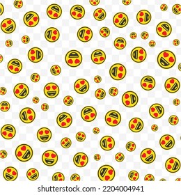 Patrón aleatorio de los emoticones de amor de risa en color amarillo sobre fondo transparente con mini doodles (íconos). Ilustración vectorial