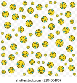 Random pattern of laugh out loud emoticons in yellow color on transparent background with mini doodles(icons). Vector Illustration