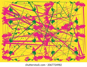Random pattern of lines and spots. Several straight lines of various sizes and patches in green and pink on a yellow background. Vector art.