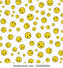 Random pattern of little sad emoticons in yellow color on transparent background with mini doodles(icons). Vector Illustration