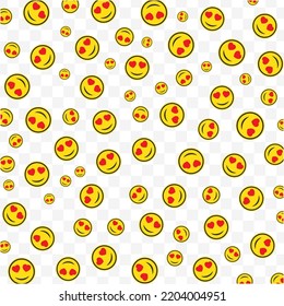 Random pattern of love eyes emoticons in yellow color on transparent background with mini doodles(icons). Vector Illustration