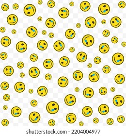 Random pattern of moved emoticons in yellow color on transparent background with mini doodles(icons). Vector Illustration