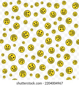 Random pattern of open mouth smile emoticons in yellow color on transparent background with mini doodles(icons). Vector Illustration