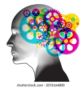 A random pattern of overlapping translucent coloured machine gears and cogs grouped together and positioned purposely over the human brain region.