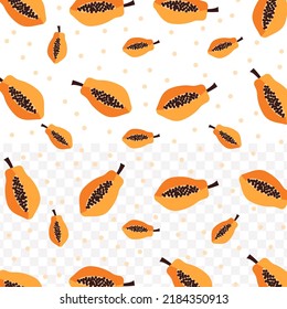 Patrón aleatorio de Papaya en color oscuro sobre fondo blanco con mini doodles (íconos). Ilustración vectorial