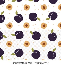 Random pattern of Plums in dark color on white background with mini doodles(icons). Vector Illustration