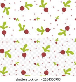 Random pattern of Radish in dark color on white background with mini doodles(icons). Vector Illustration