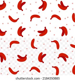 Patrón aleatorio de Banana Roja en color oscuro sobre fondo blanco con mini doodles (íconos). Ilustración vectorial