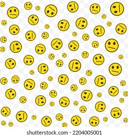 Random pattern of resigned emoticons in yellow color on transparent background with mini doodles(icons). Vector Illustration