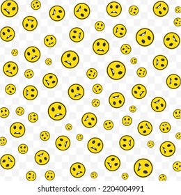 Random pattern of sad boy emoticons in yellow color on transparent background with mini doodles(icons). Vector Illustration