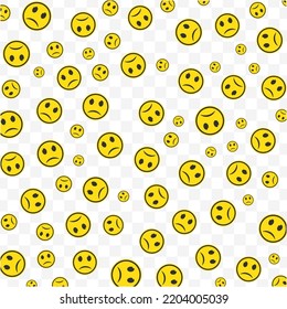 Random pattern of sad emoticons in yellow color on transparent background with mini doodles(icons). Vector Illustration