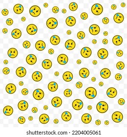 Random pattern of sad emoticons in yellow color on transparent background with mini doodles(icons). Vector Illustration