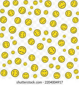 Random pattern of smile emoticons in yellow color on transparent background with mini doodles(icons). Vector Illustration