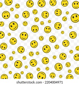 Random pattern of Smile emoticons in yellow color on transparent background with mini doodles(icons). Vector Illustration